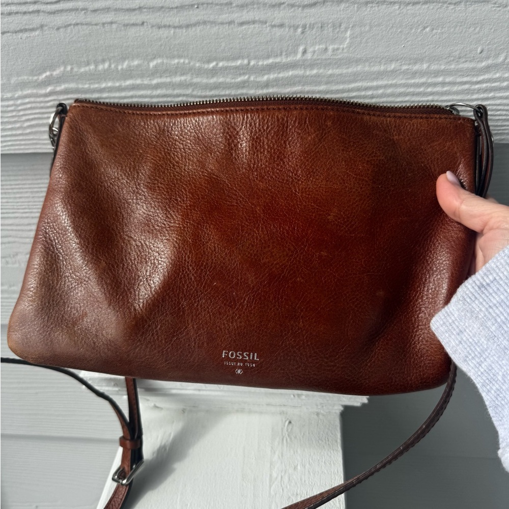 Fossil Brown Leather Shoulder Bag purse with removable woven strap - Picture 10 of 10